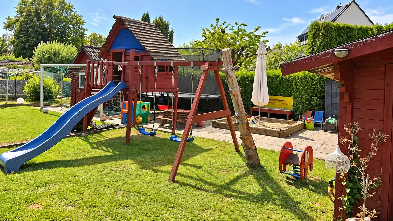 Spielgarten der Kindertagespflege mit Spielturm, Rutsche und Schaukeln