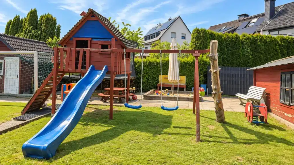 Rutsche, Schaukeln und Spielturm im Garten der Wandhofener Krümelkiste