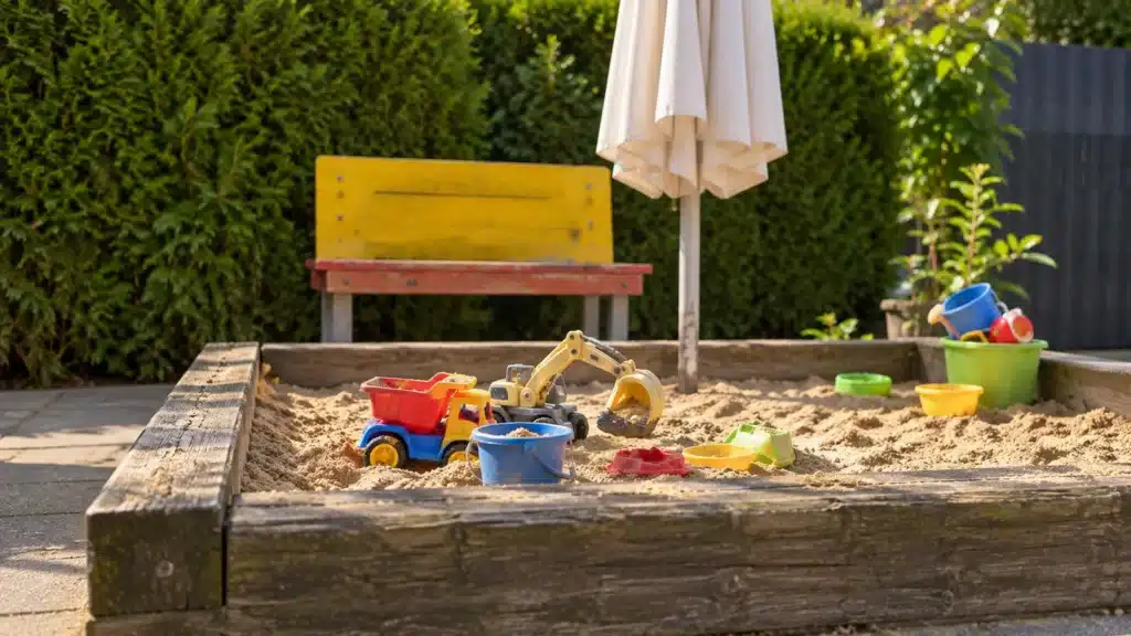 Sandkasten mit Spielzeug-Baggern und Sitzbank