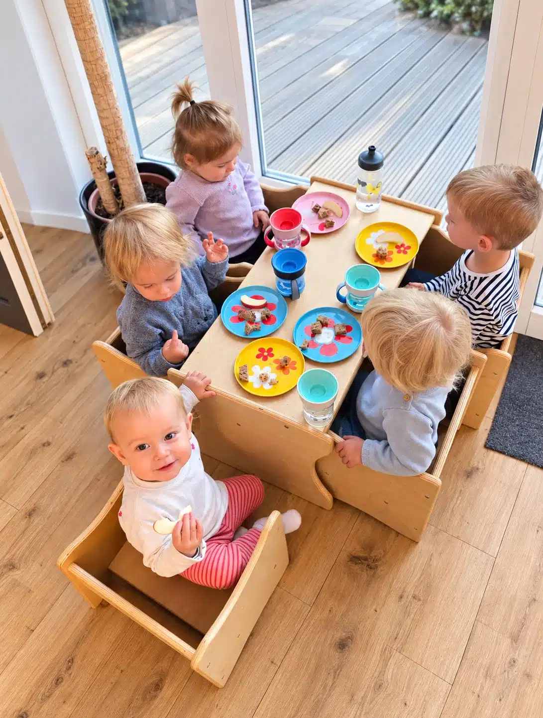 Tageskinder beim gemeinsamen Frühstück am Kindertisch in der Wandhofener Krümelkiste